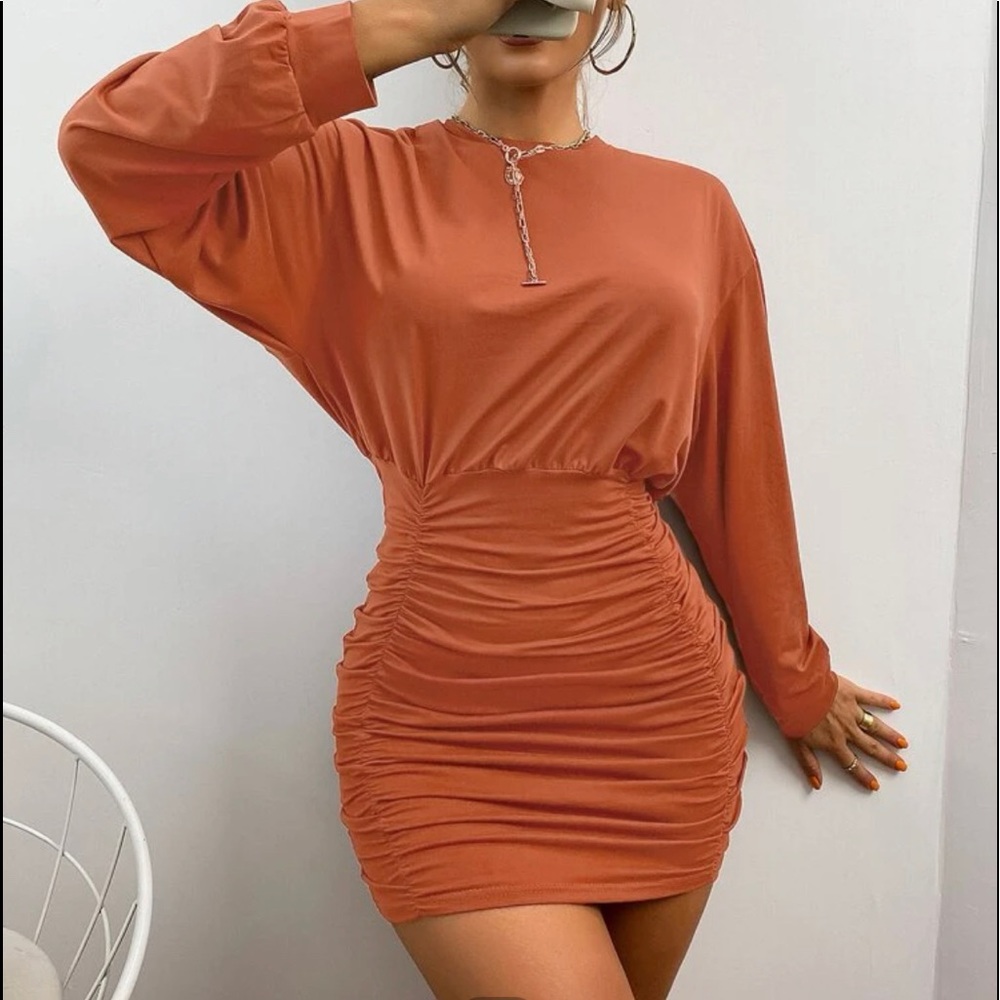 cute ruched rust dress
